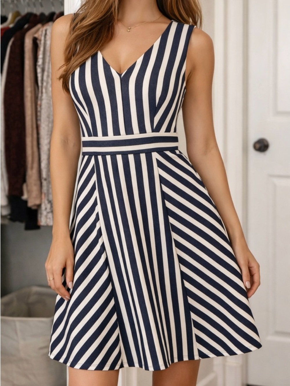 J. Crew Navy and White Striped V-Neck Fit & Flare Mini Dress